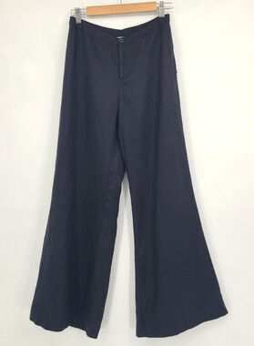 Mandarin Blue Linen Wide Leg Black Pants Minimalist Luxe Coastal Grandma Size 4